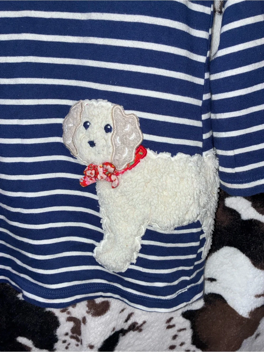 NWOT Mini Boden navy/white stripe dress with 2 fuzzy dogs front/back design 6-7y